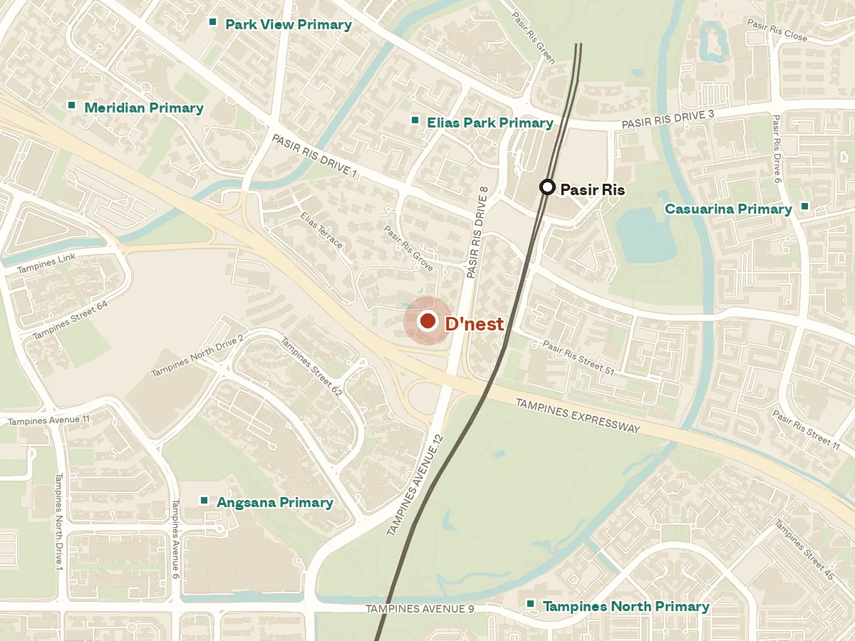 Map of the area around D'nest, with nearby MRT stations and primary schools