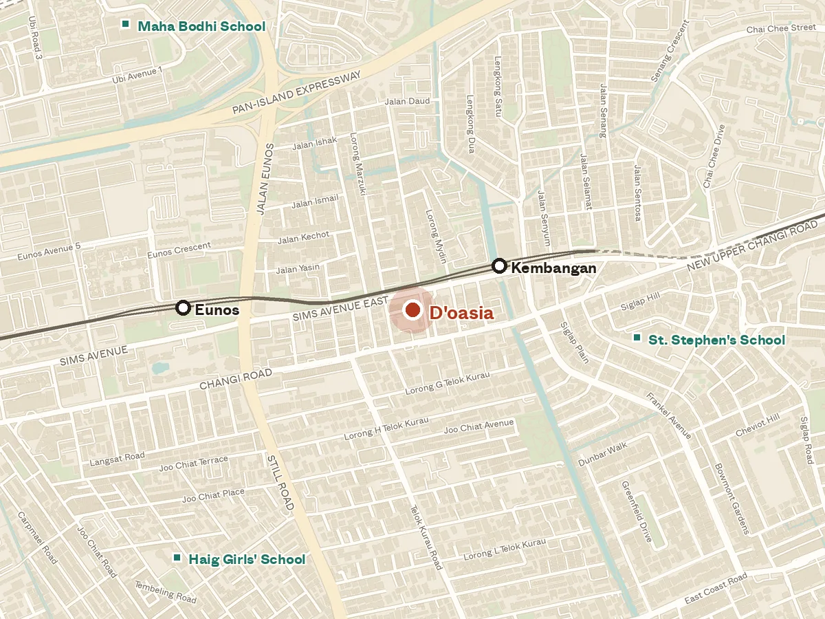 Map of the area around D'oasia, with nearby MRT stations and primary schools