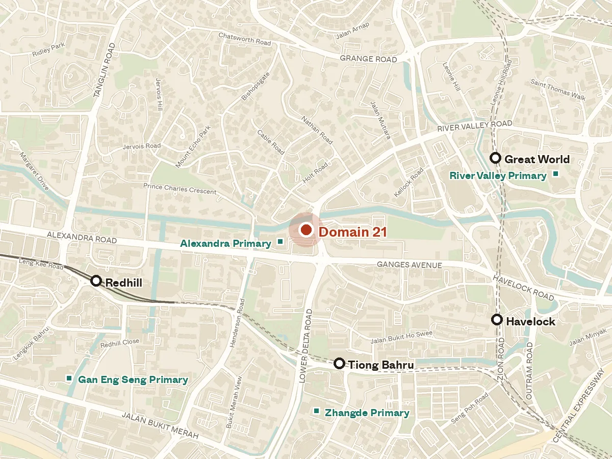 Map of the area around Domain 21, with nearby MRT stations and primary schools