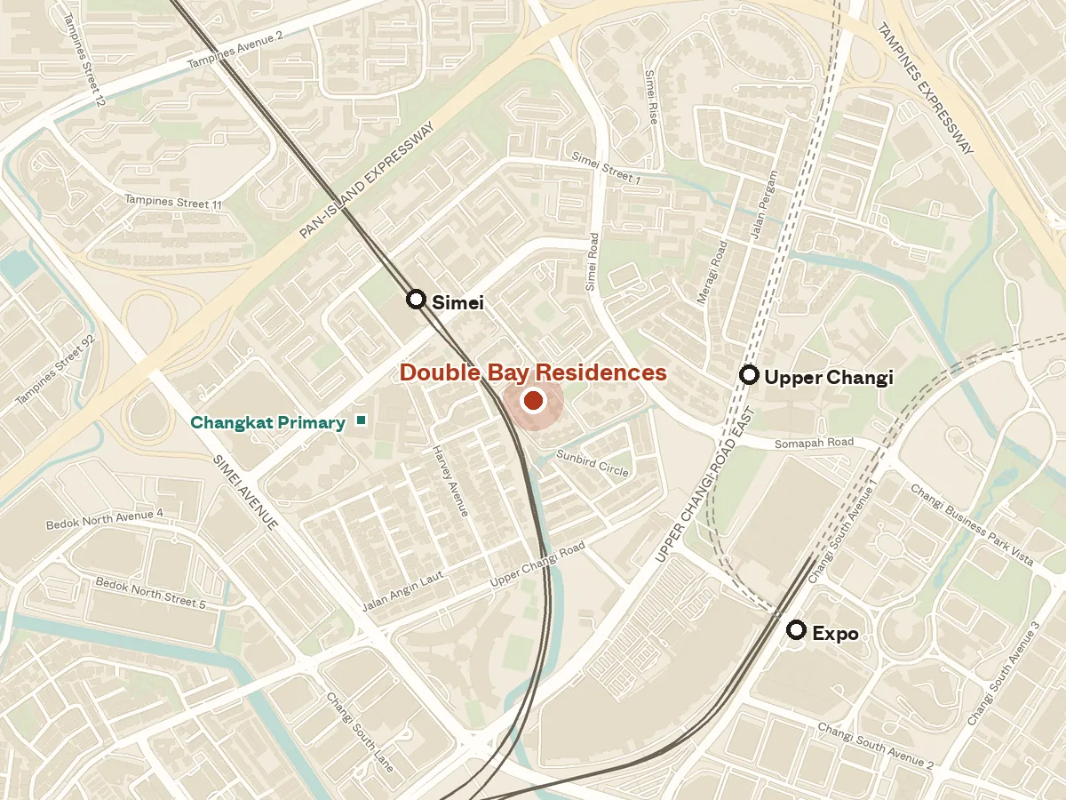 Map of the area around Double Bay Residences, with nearby MRT stations and primary schools
