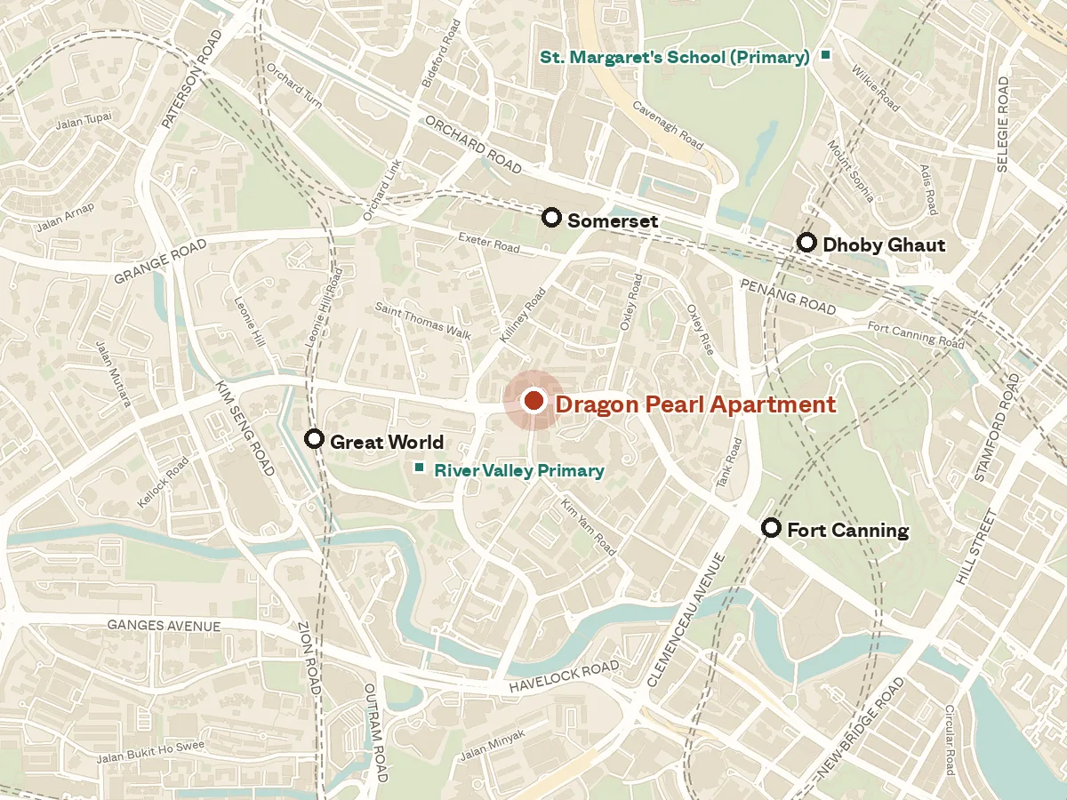Map of the area around Dragon Pearl Apartment, with nearby MRT stations and primary schools