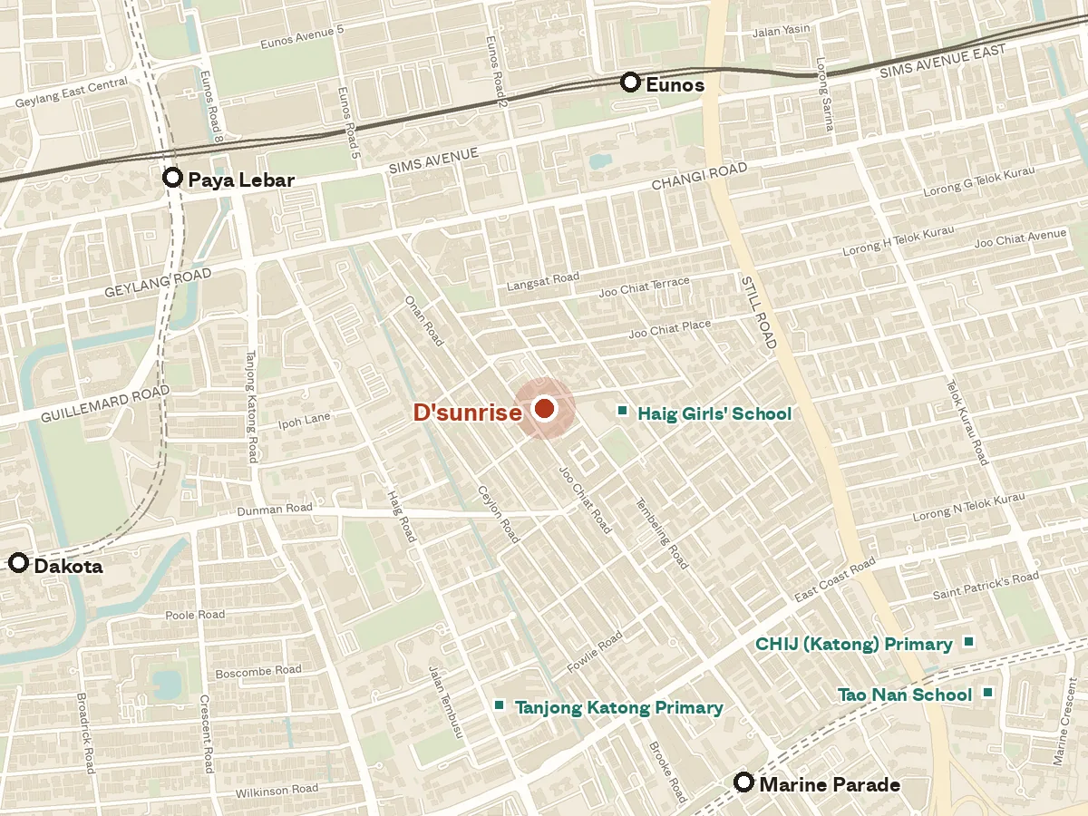 Map of the area around D'sunrise, with nearby MRT stations and primary schools