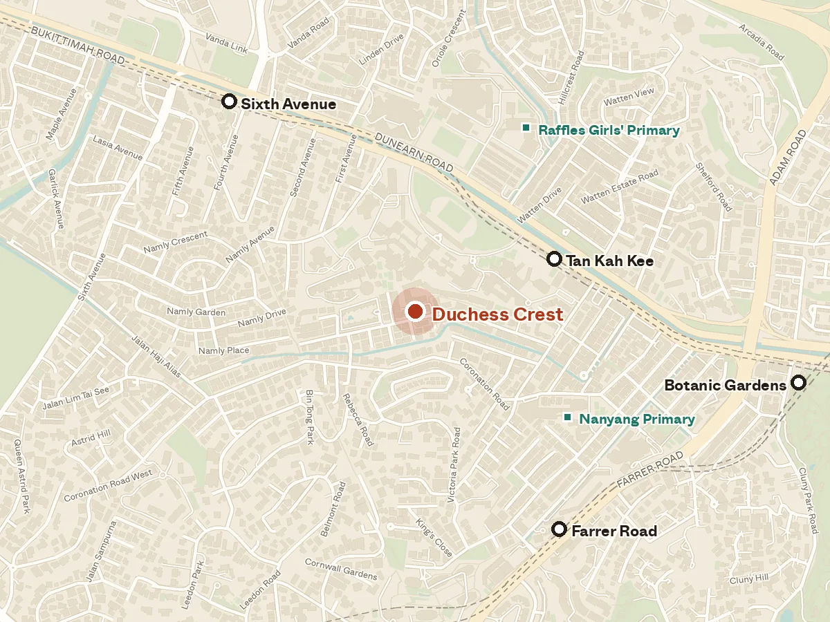 Map of the area around Duchess Crest, with nearby MRT stations and primary schools