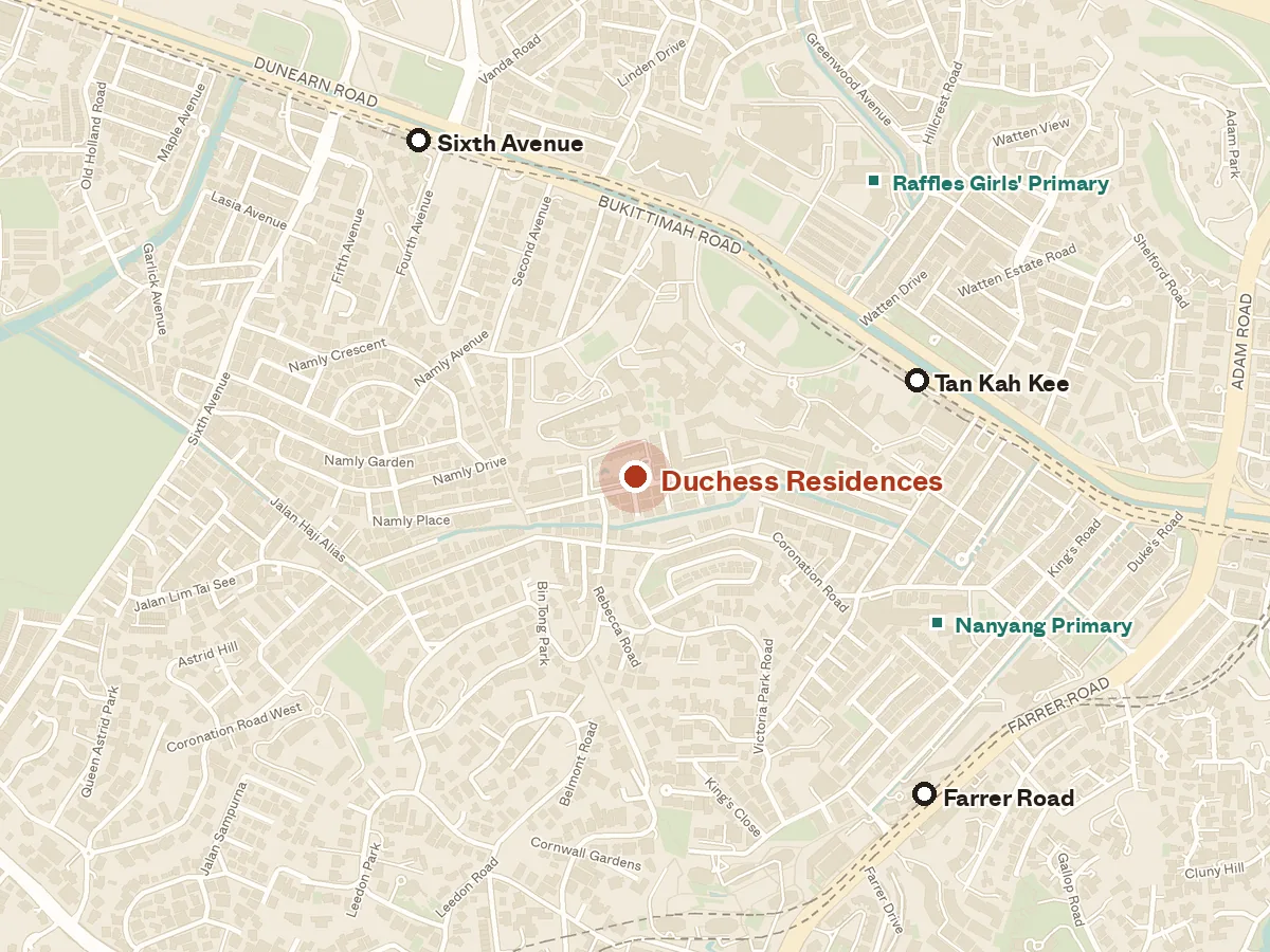 Map of the area around Duchess Residences, with nearby MRT stations and primary schools