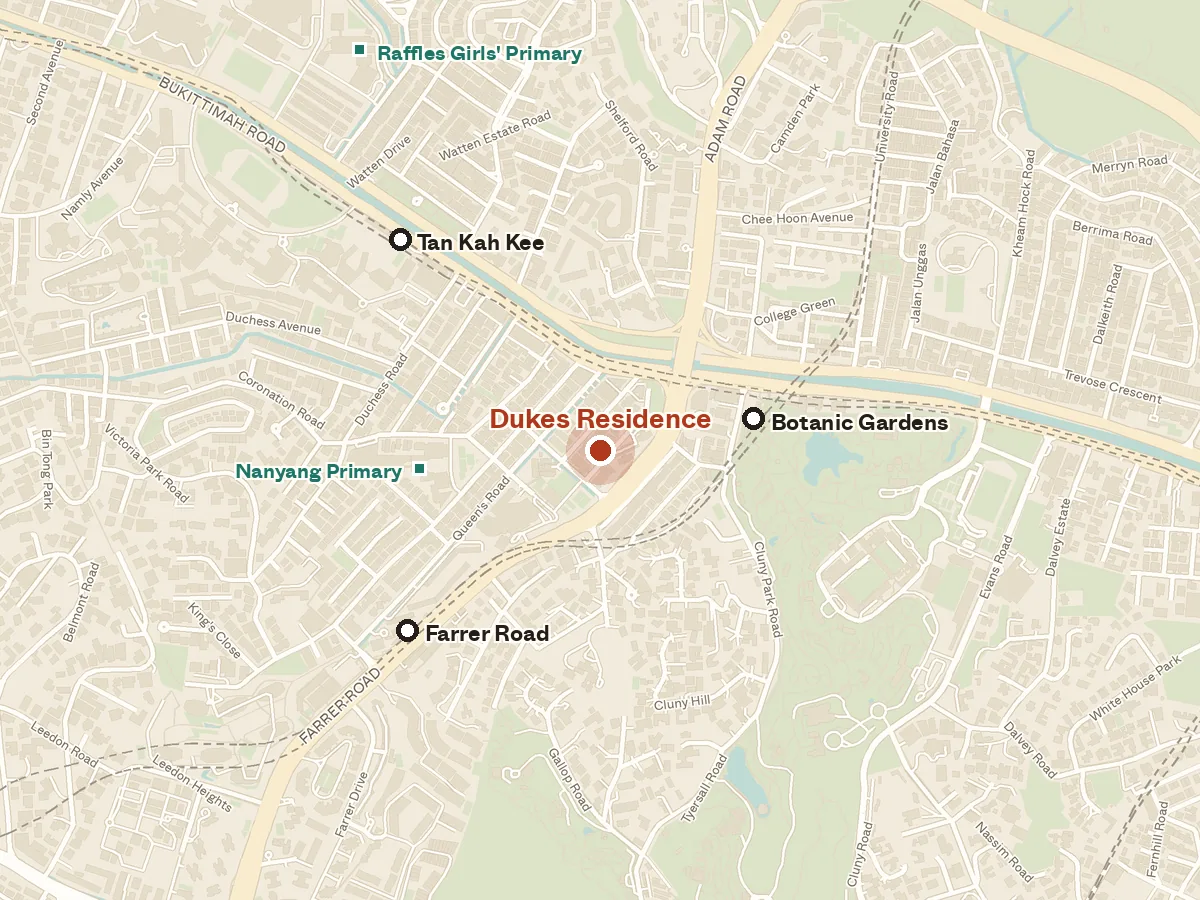 Map of the area around Dukes Residence, with nearby MRT stations and primary schools
