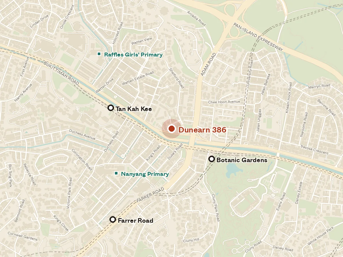 Map of the area around Dunearn 386, with nearby MRT stations and primary schools