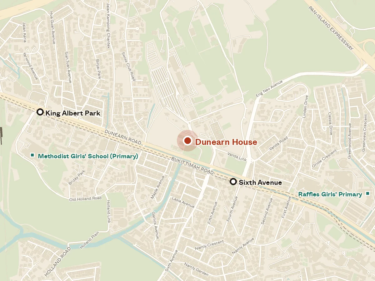Map of the area around Dunearn House, with nearby MRT stations and primary schools