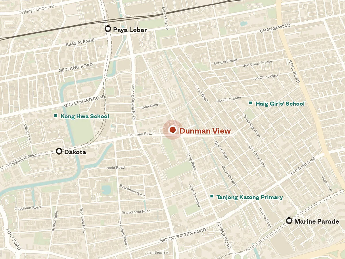 Map of the area around Dunman View, with nearby MRT stations and primary schools