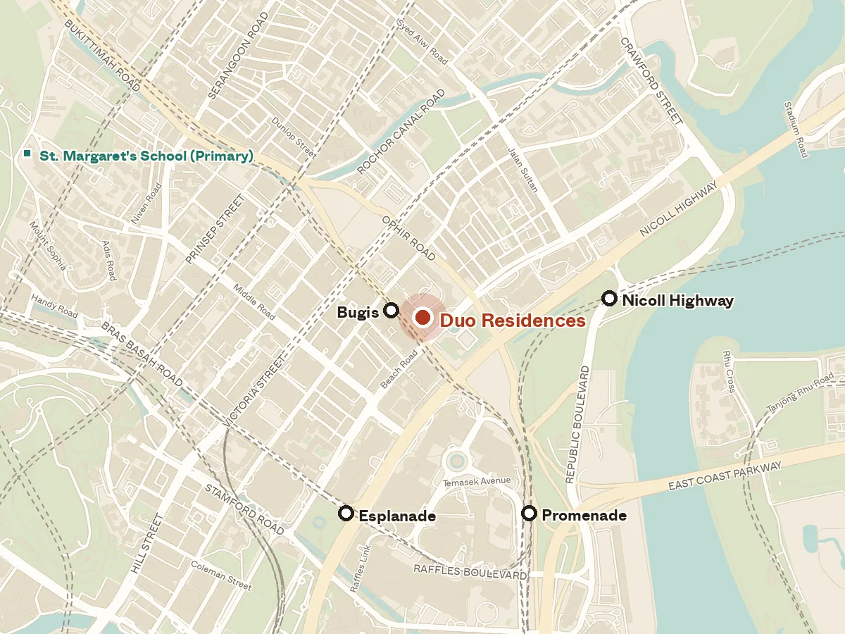 Map of the area around Duo Residences, with nearby MRT stations and primary schools