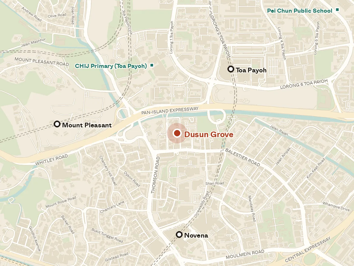Map of the area around Dusun Grove, with nearby MRT stations and primary schools