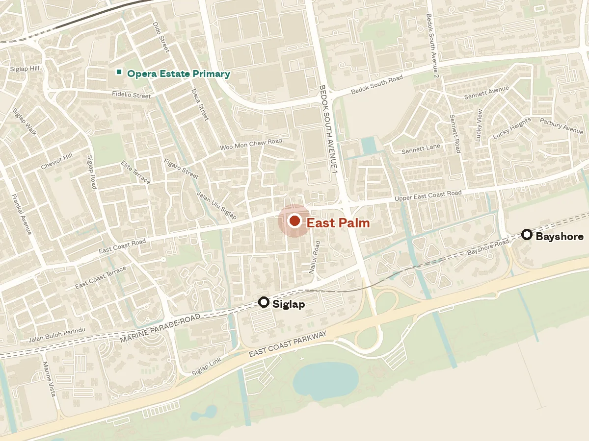 Map of the area around East Palm, with nearby MRT stations and primary schools
