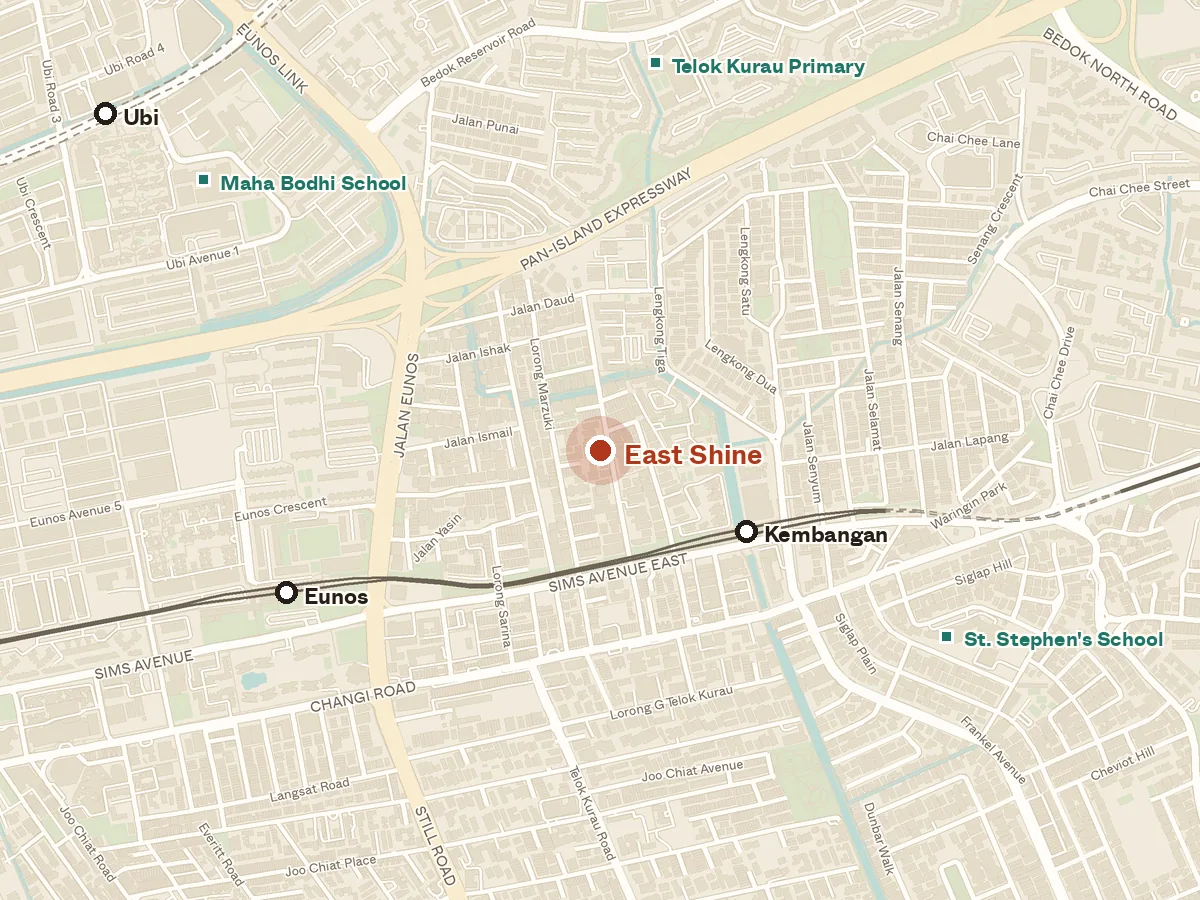 Map of the area around East Shine, with nearby MRT stations and primary schools