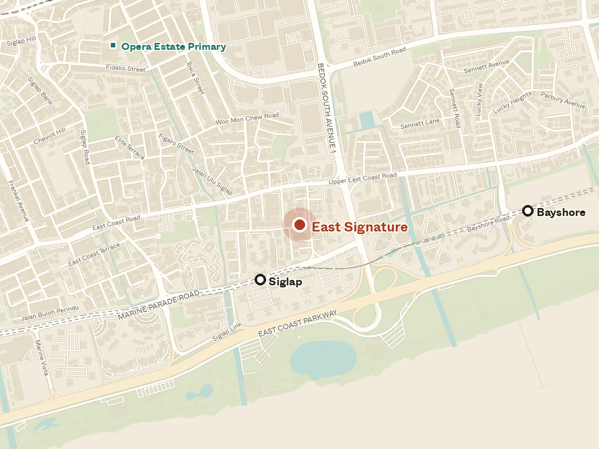 Map of the area around East Signature, with nearby MRT stations and primary schools