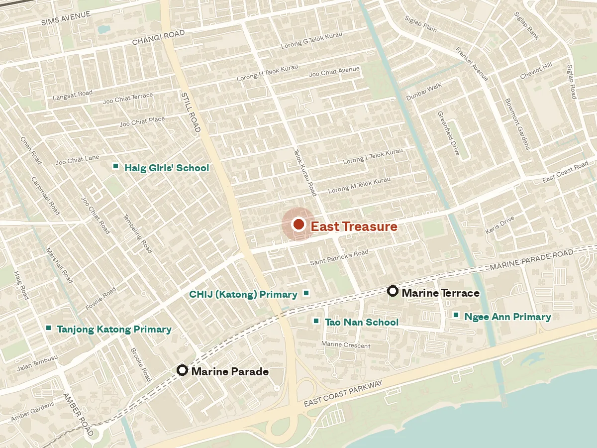Map of the area around East Treasure, with nearby MRT stations and primary schools