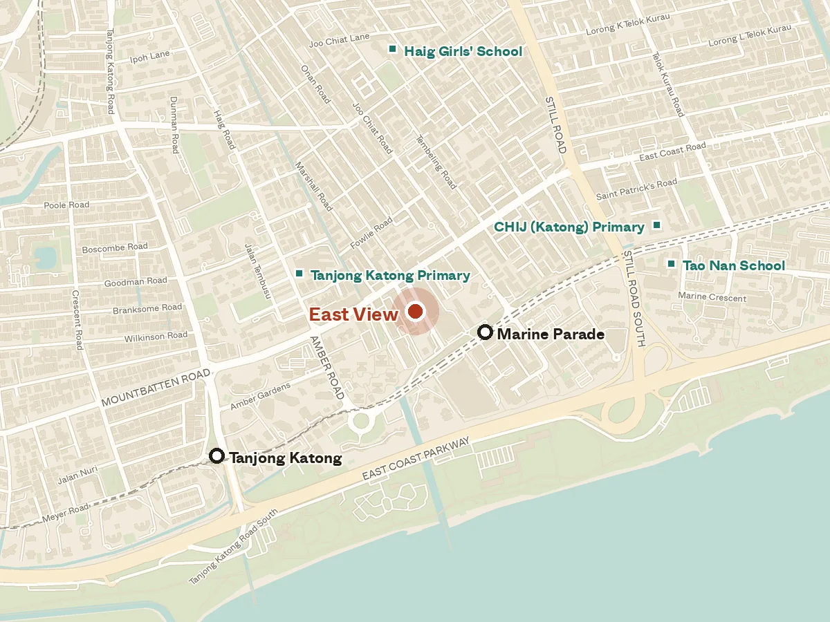Map of the area around East View, with nearby MRT stations and primary schools