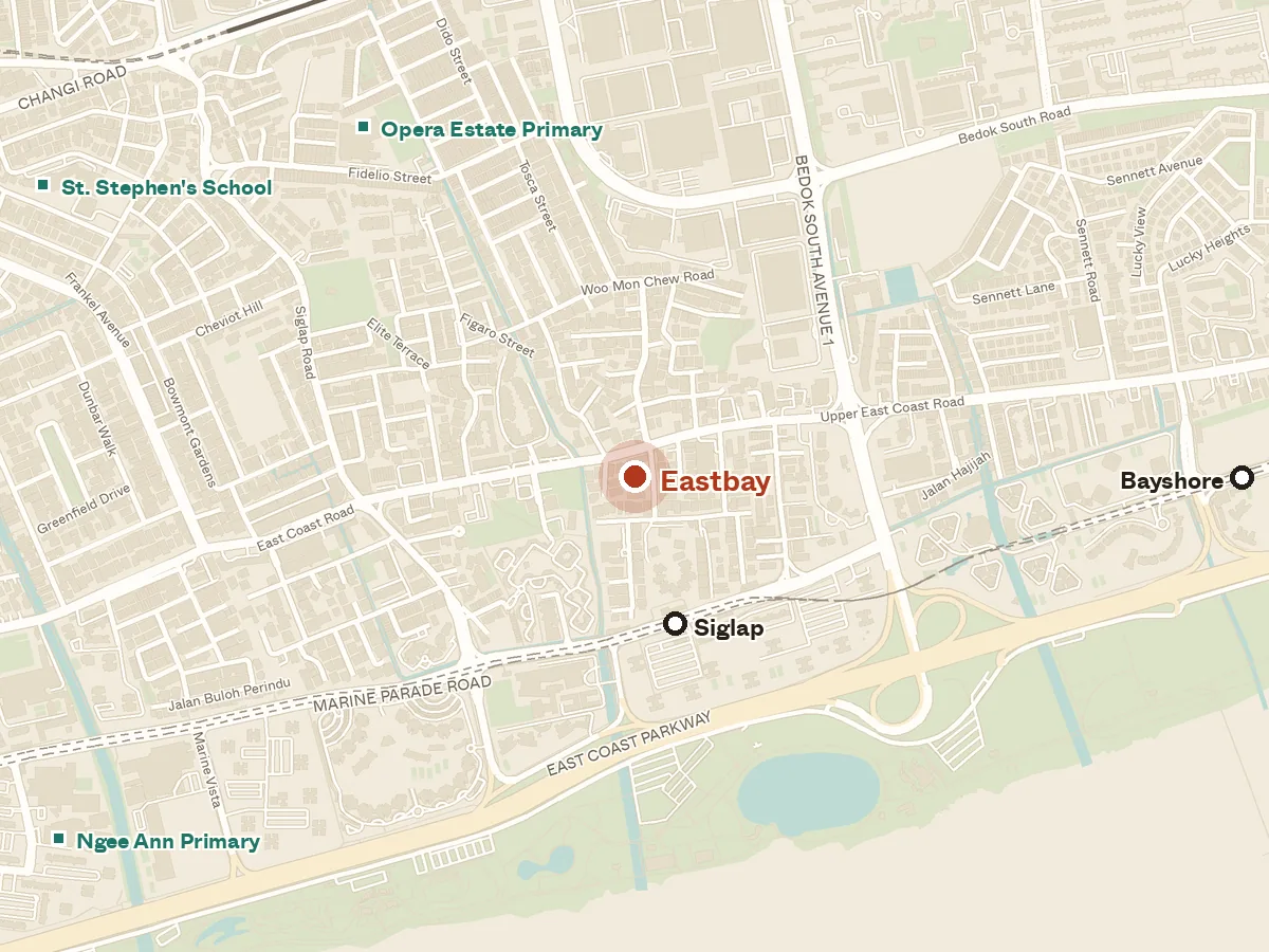 Map of the area around Eastbay, with nearby MRT stations and primary schools