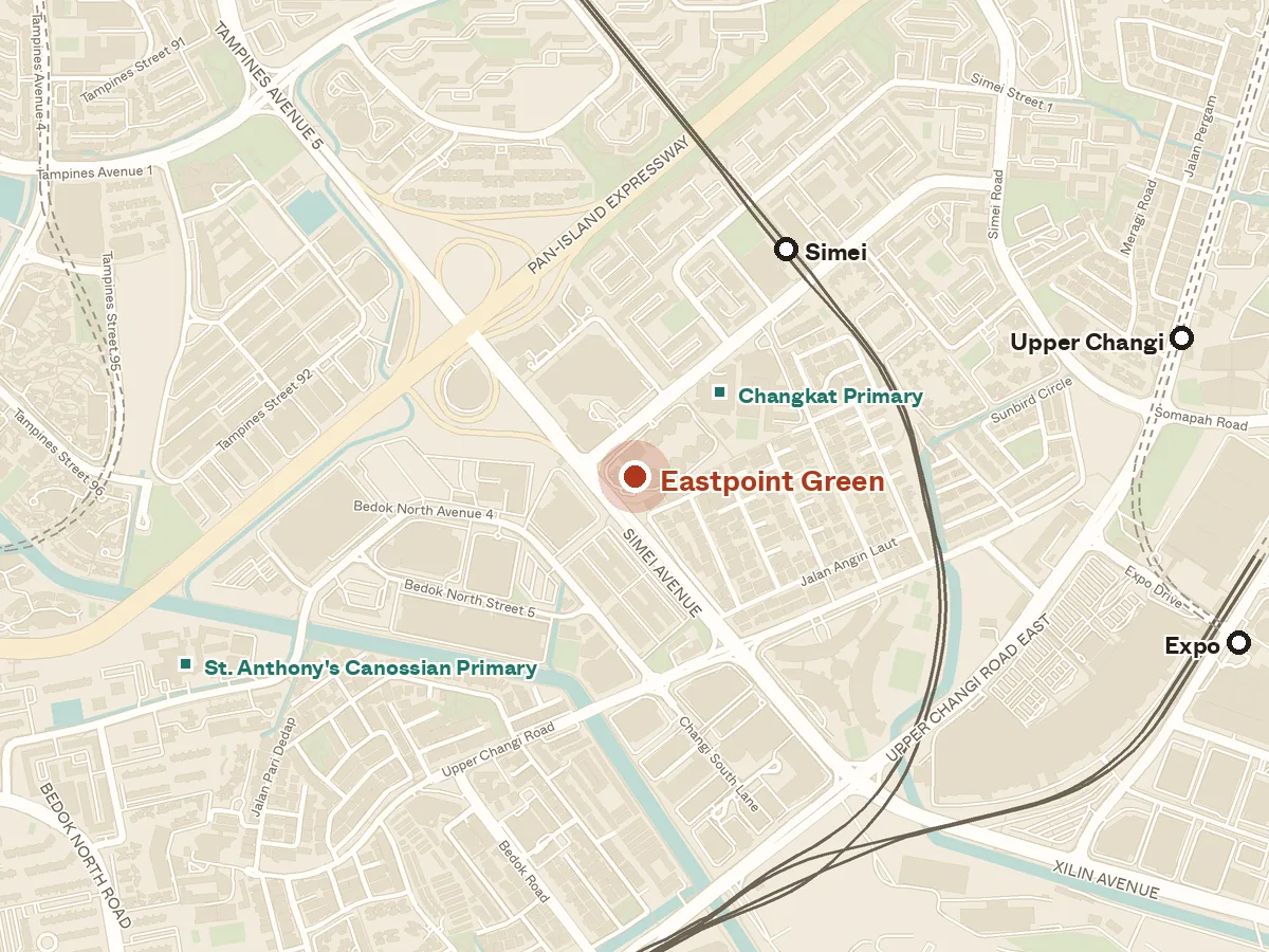 Map of the area around Eastpoint Green, with nearby MRT stations and primary schools