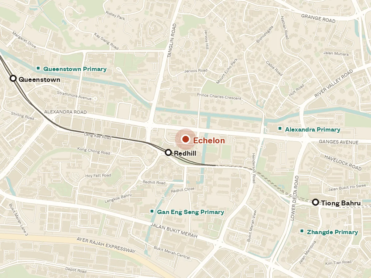Map of the area around Echelon, with nearby MRT stations and primary schools