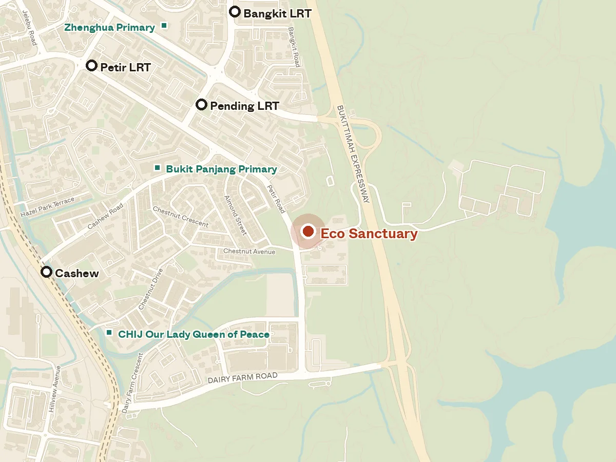 Map of the area around Eco Sanctuary, with nearby MRT stations and primary schools
