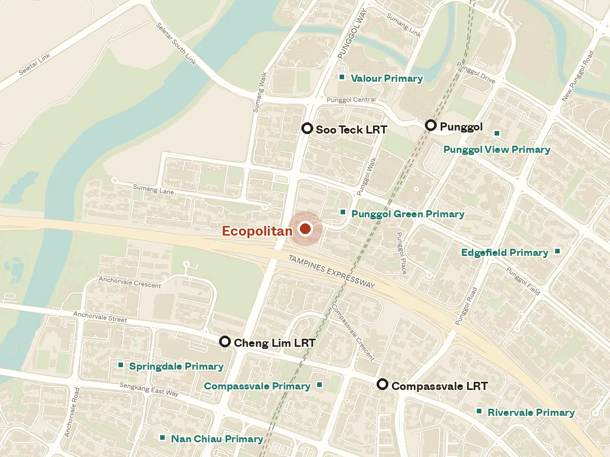Map of the area around Ecopolitan, with nearby MRT stations and primary schools