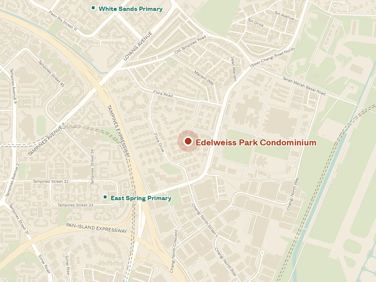 Map of the area around Edelweiss Park Condominium, with nearby MRT stations and primary schools