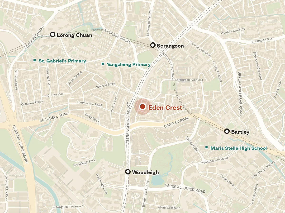Map of the area around Eden Crest, with nearby MRT stations and primary schools
