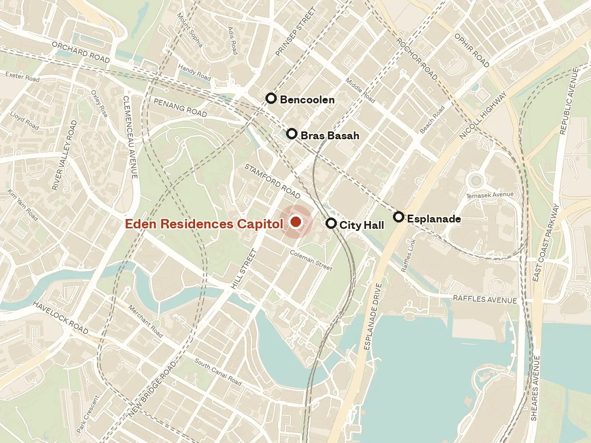 Map of the area around Eden Residences Capitol, with nearby MRT stations and primary schools