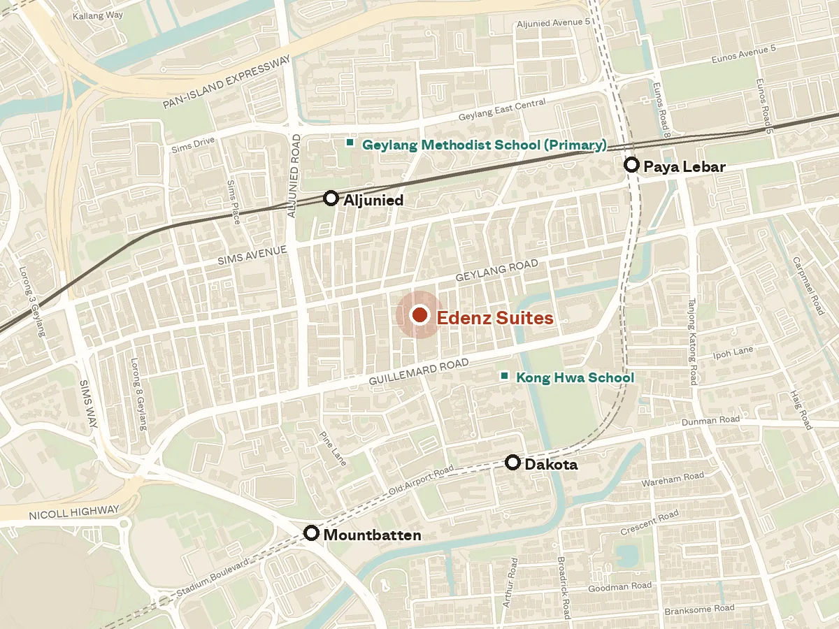 Map of the area around Edenz Suites, with nearby MRT stations and primary schools