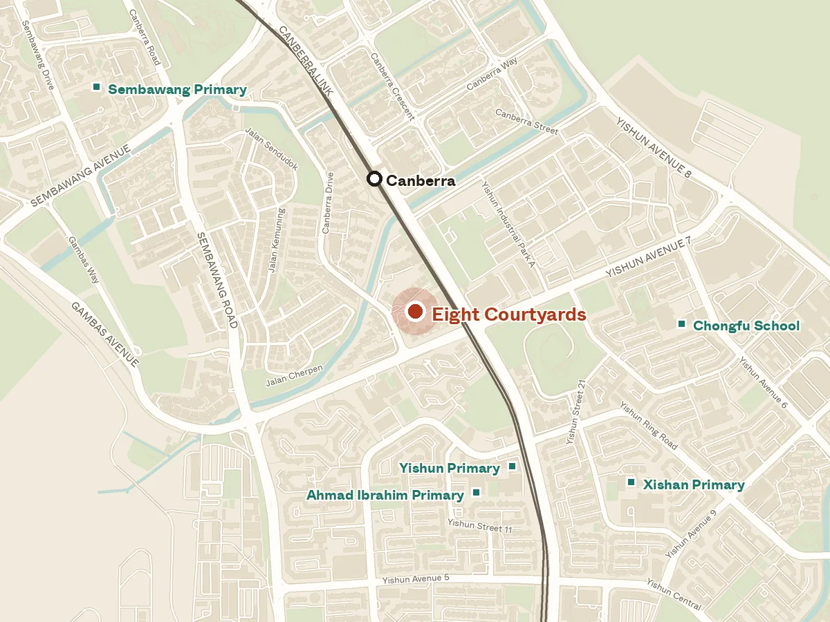 Map of the area around Eight Courtyards, with nearby MRT stations and primary schools