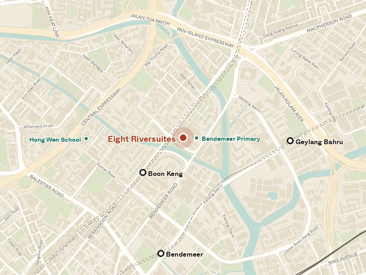Map of the area around Eight Riversuites, with nearby MRT stations and primary schools