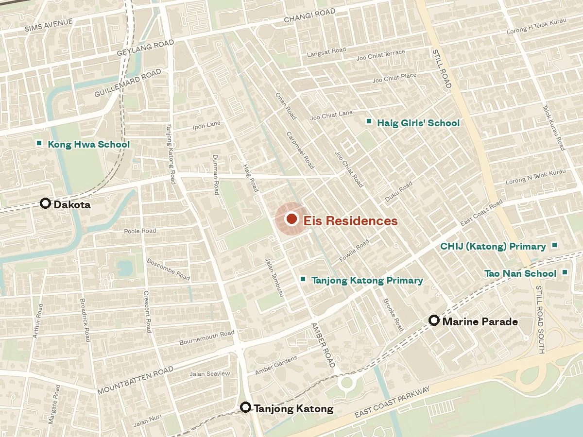 Map of the area around Eis Residences, with nearby MRT stations and primary schools