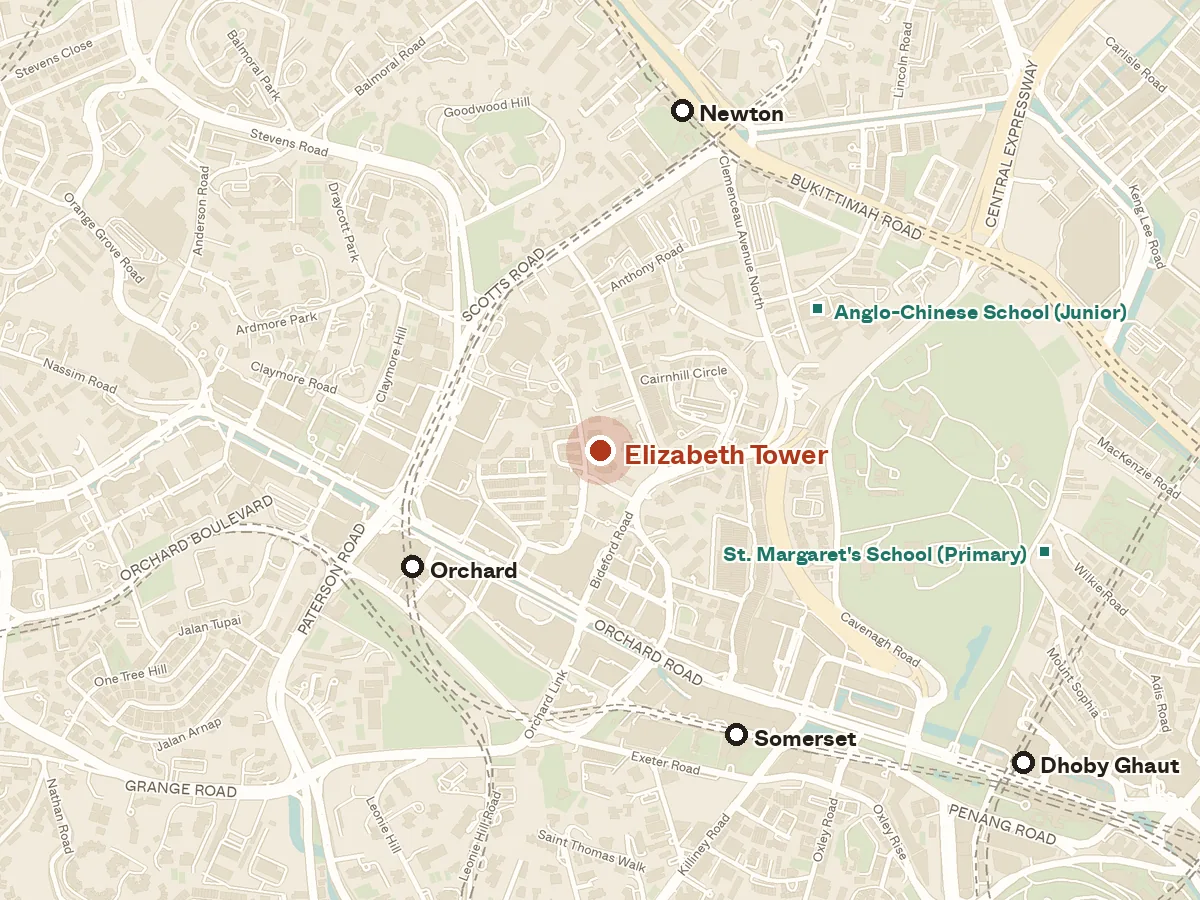 Map of the area around Elizabeth Tower, with nearby MRT stations and primary schools
