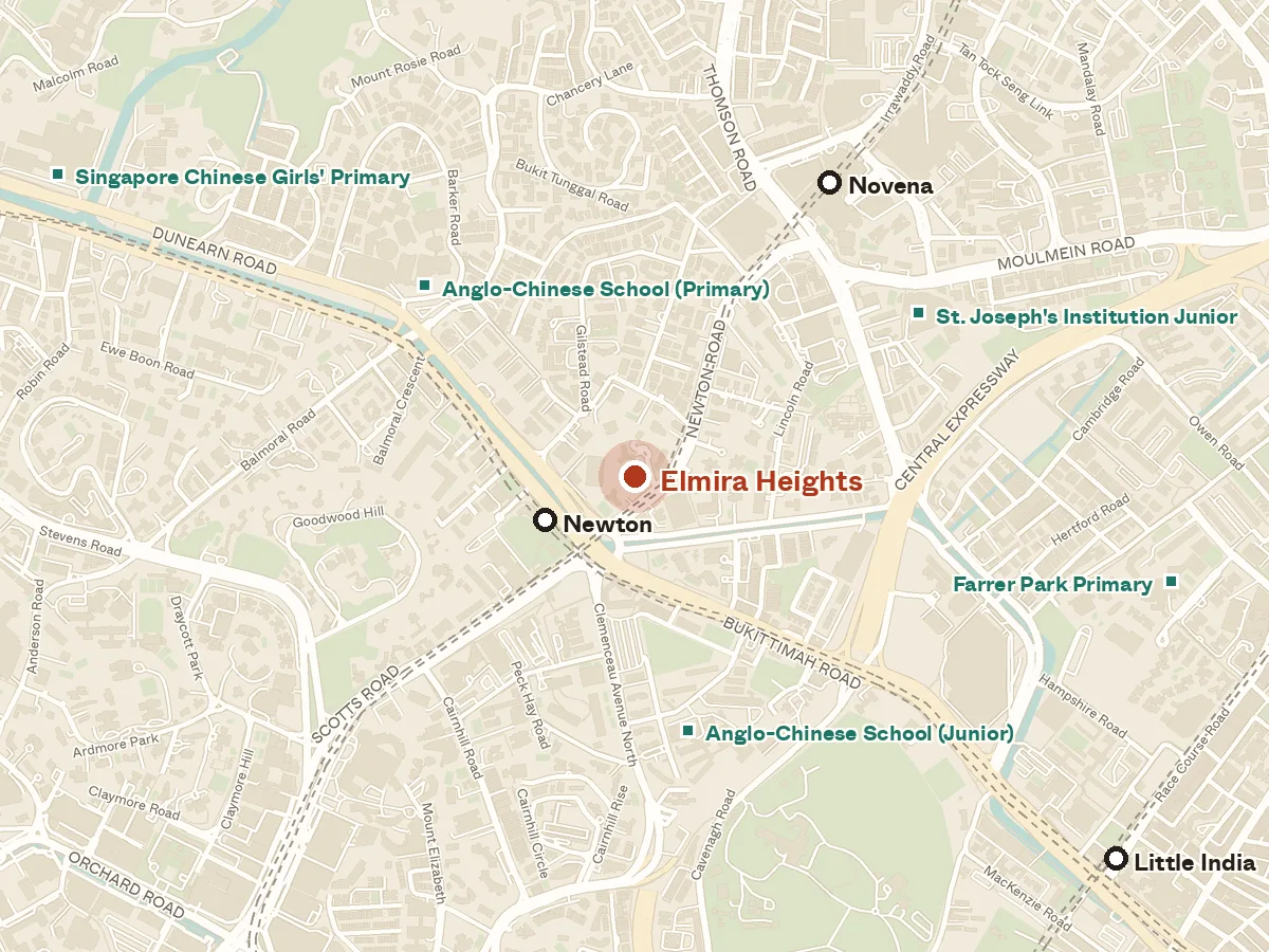Map of the area around Elmira Heights, with nearby MRT stations and primary schools