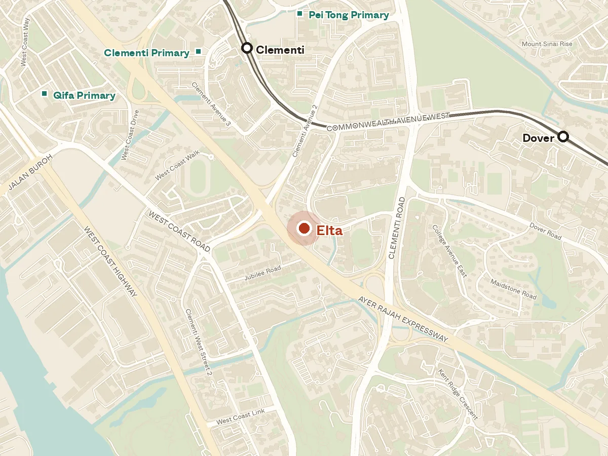 Map of the area around Elta, with nearby MRT stations and primary schools