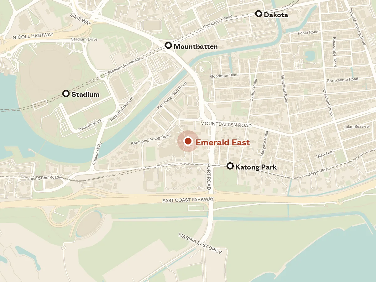 Map of the area around Emerald East, with nearby MRT stations and primary schools