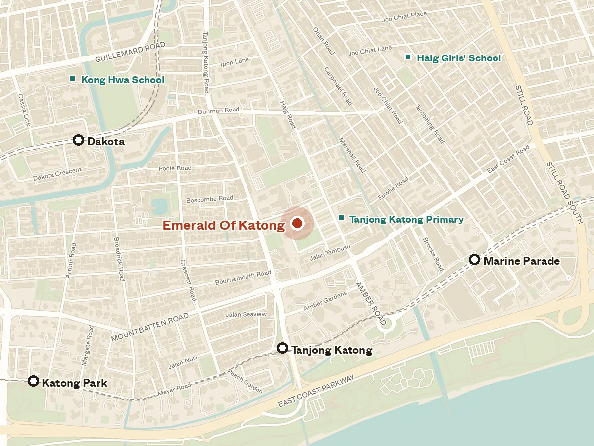 Map of the area around Emerald Of Katong, with nearby MRT stations and primary schools