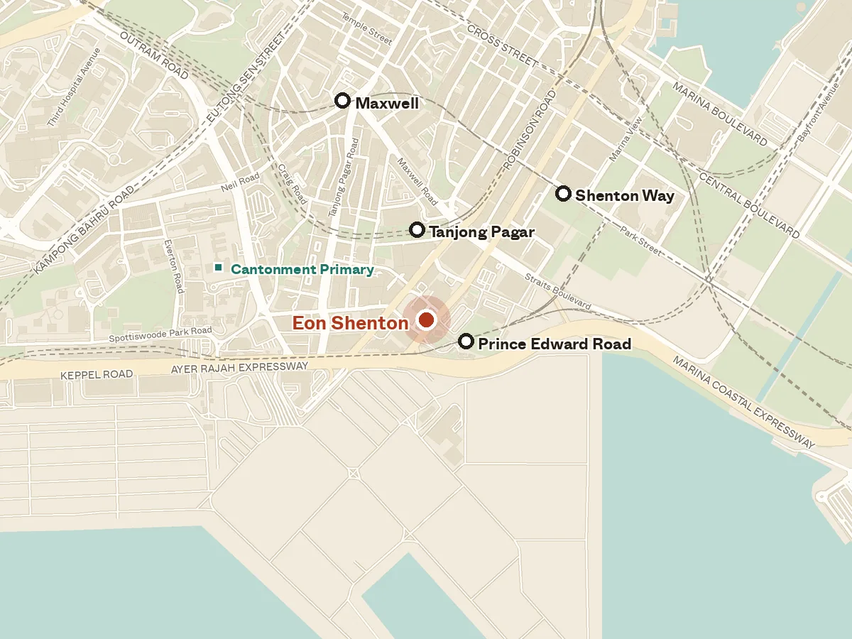 Map of the area around Eon Shenton, with nearby MRT stations and primary schools