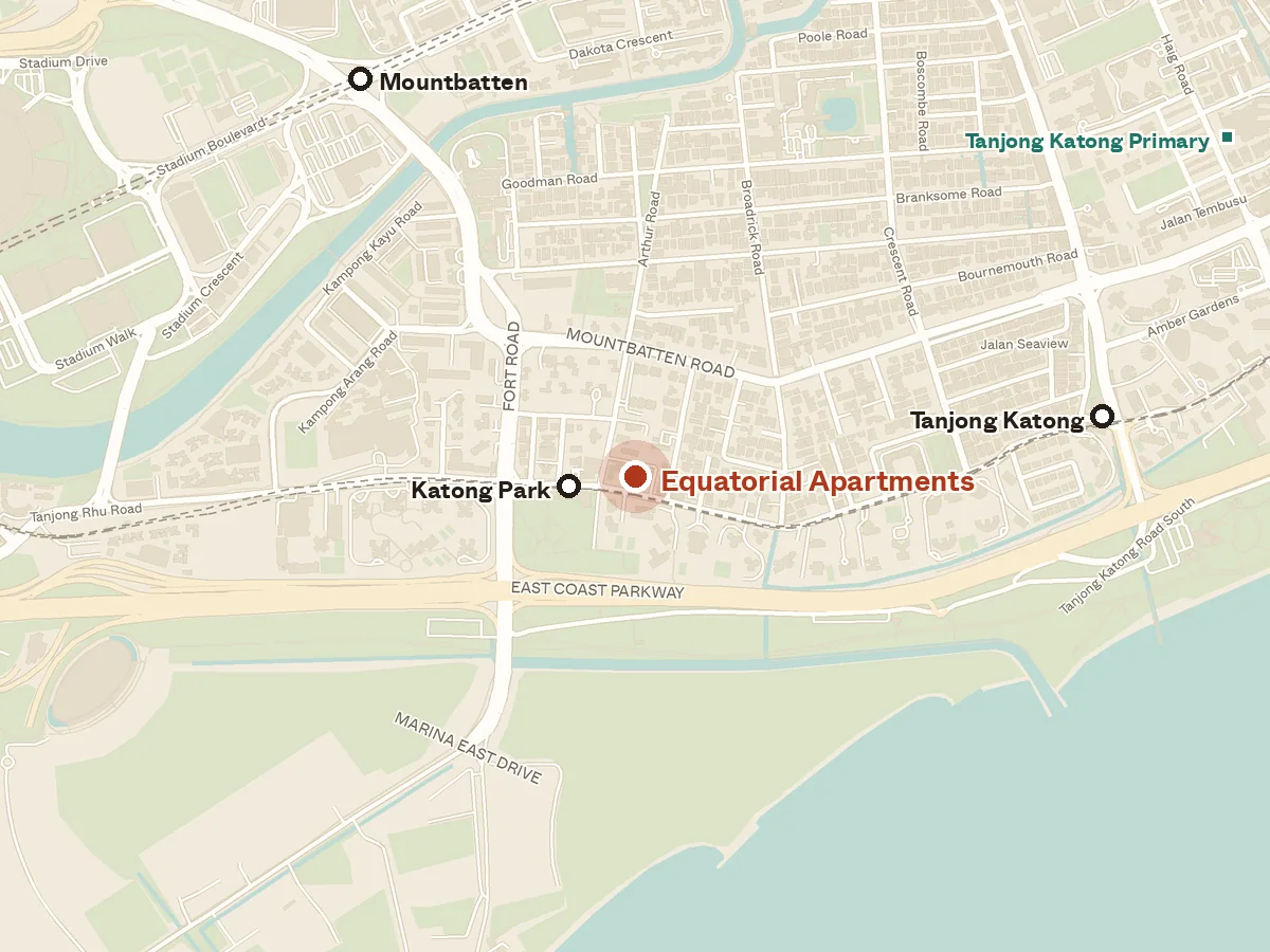 Map of the area around Equatorial Apartments, with nearby MRT stations and primary schools
