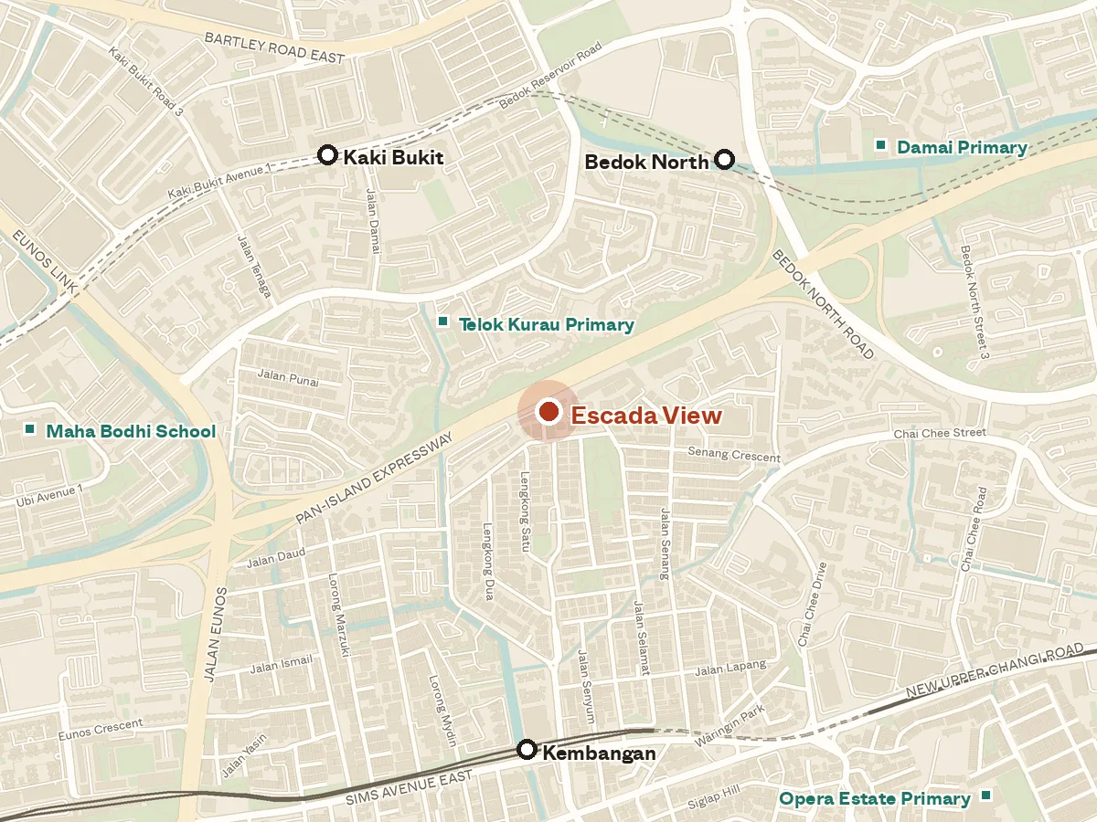 Map of the area around Escada View, with nearby MRT stations and primary schools