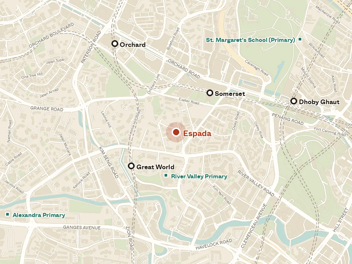 Map of the area around Espada, with nearby MRT stations and primary schools