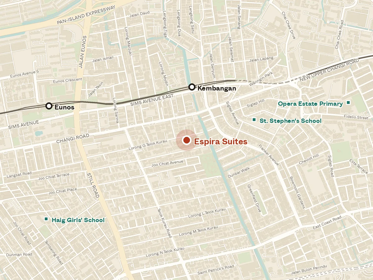 Map of the area around Espira Suites, with nearby MRT stations and primary schools