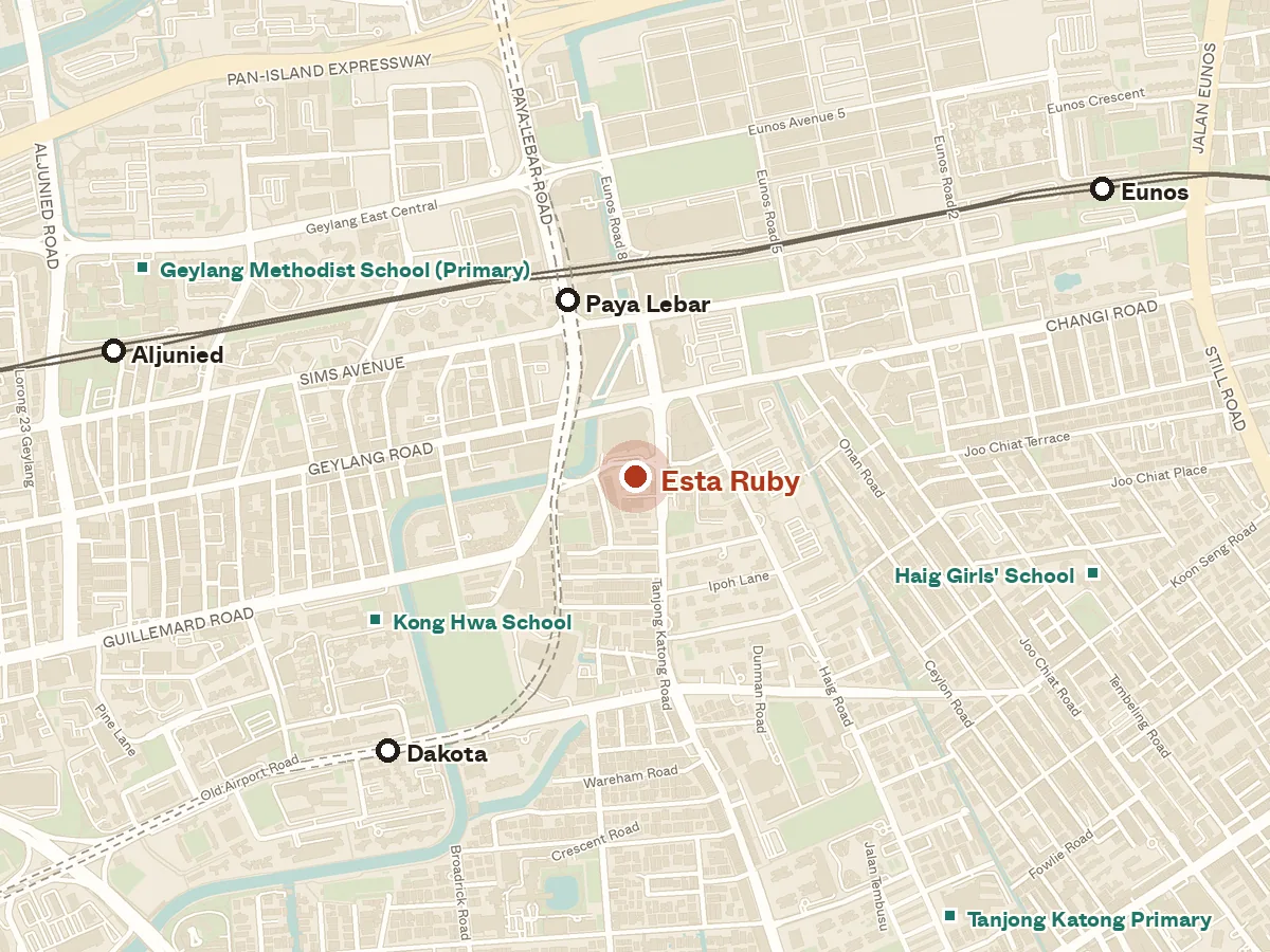 Map of the area around Esta Ruby, with nearby MRT stations and primary schools