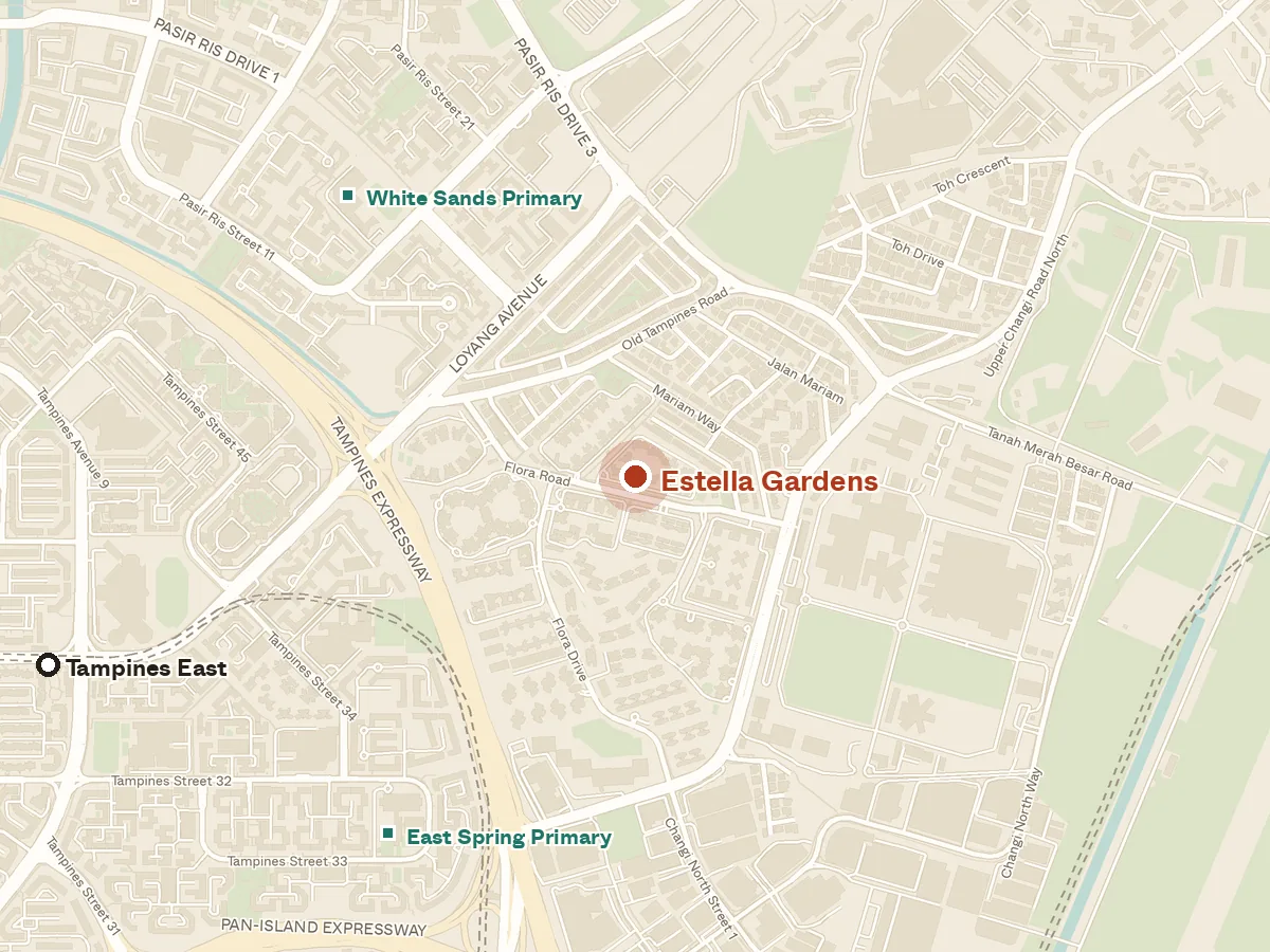 Map of the area around Estella Gardens, with nearby MRT stations and primary schools