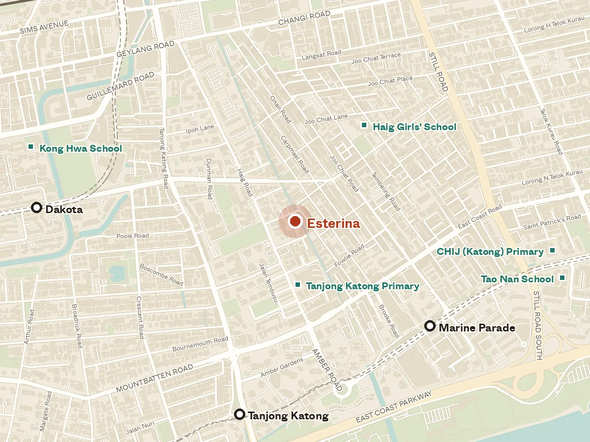 Map of the area around Esterina, with nearby MRT stations and primary schools