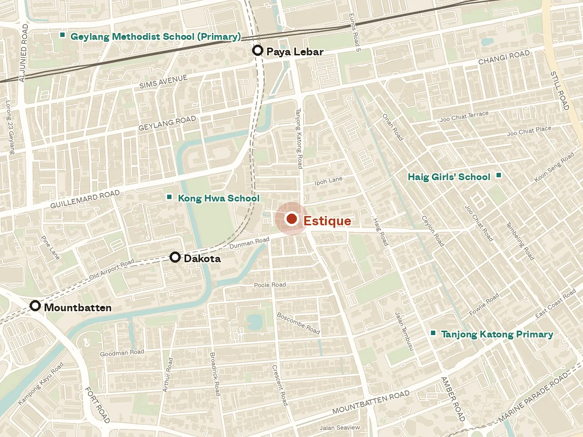 Map of the area around Estique, with nearby MRT stations and primary schools