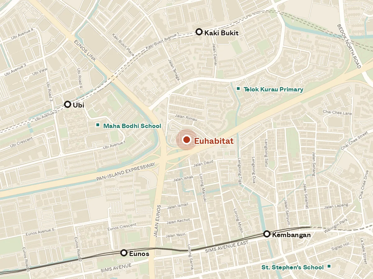 Map of the area around Euhabitat, with nearby MRT stations and primary schools