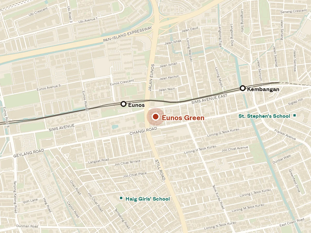 Map of the area around Eunos Green, with nearby MRT stations and primary schools