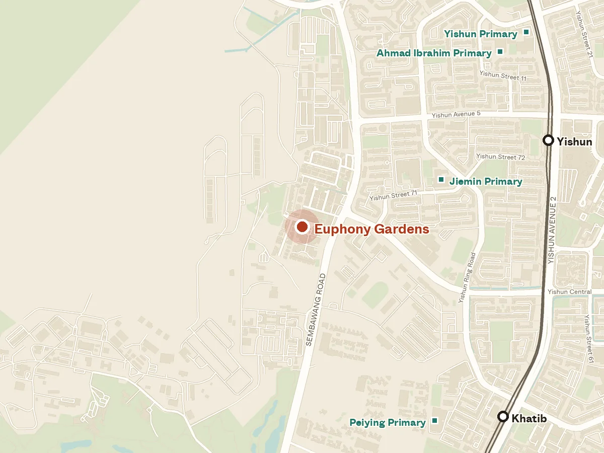 Map of the area around Euphony Gardens, with nearby MRT stations and primary schools