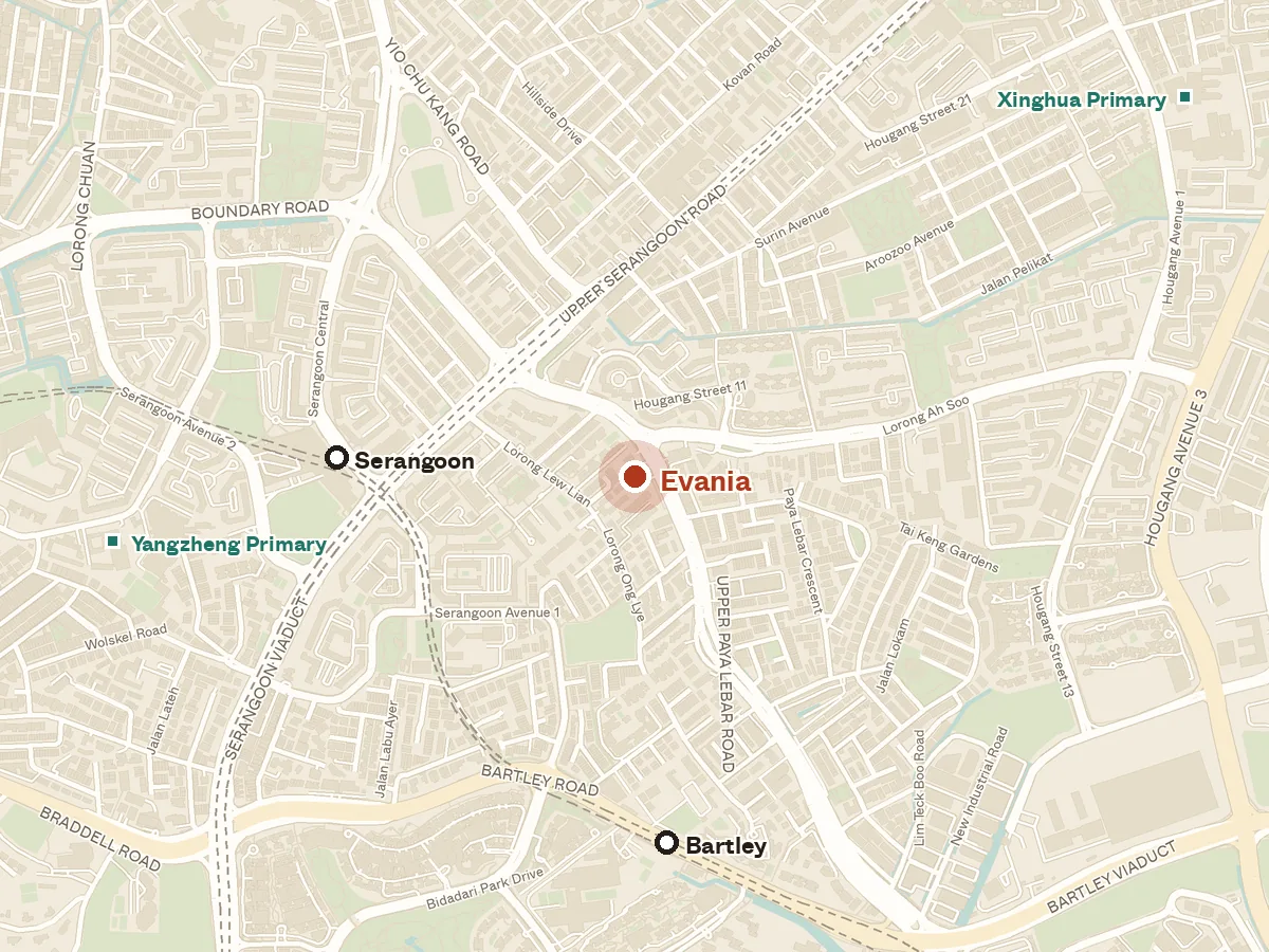 Map of the area around Evania, with nearby MRT stations and primary schools