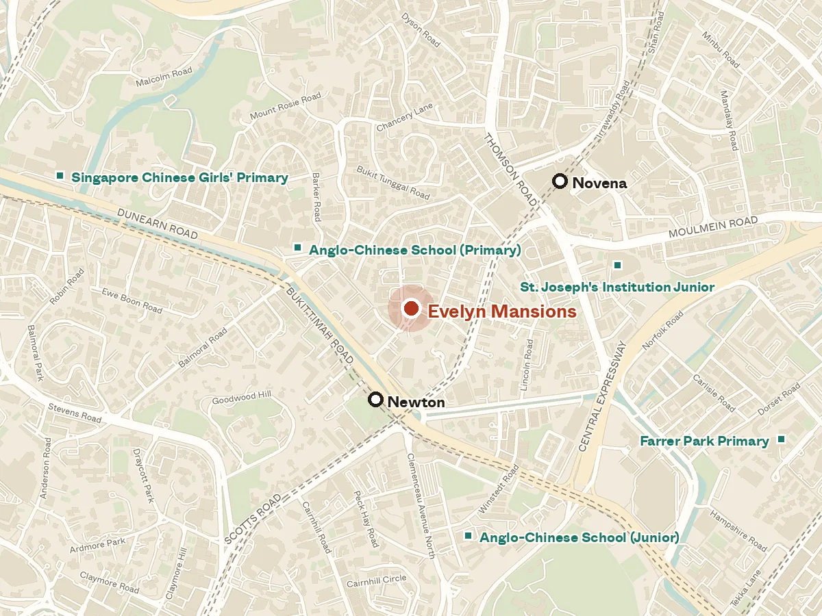 Map of the area around Evelyn Mansions, with nearby MRT stations and primary schools